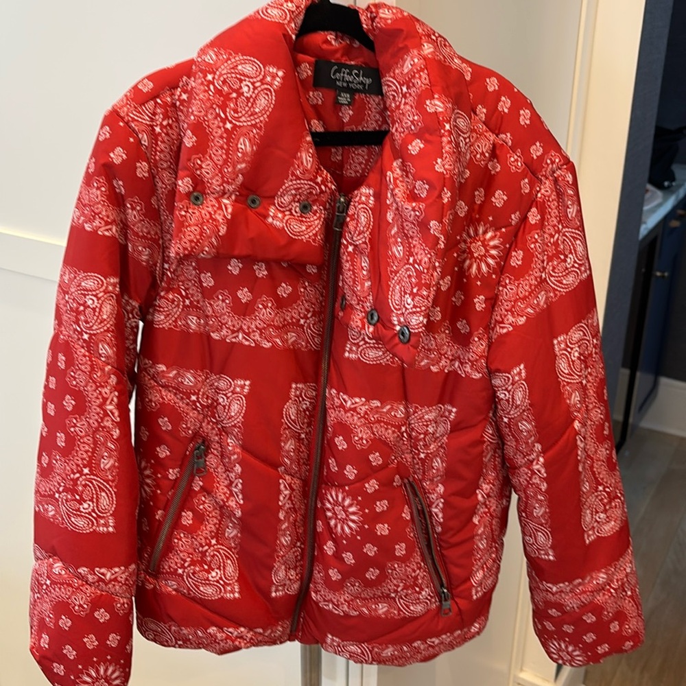 Brand new coffee shop no tags women banana print red coat size xxs.